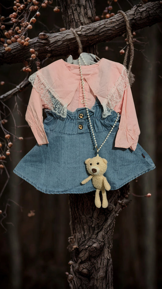 Girls dangri with denim skirt & shirt